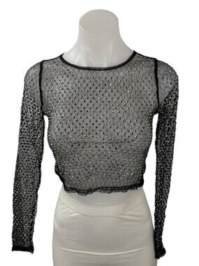 Top Chic Black Rhinestone Mesh Sheer Sparkly Long Sleeve Blouse Crop Top Size S